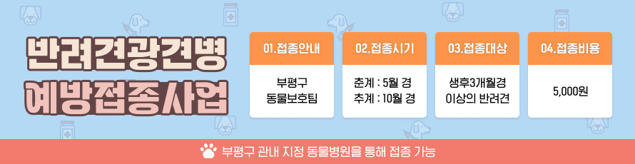 반려견 광견병 예방접종사업 / 1.접종안내 부평구 동물보호팀 / 2.접종시기 춘계:5월 경 추계:10월 경 / 3.접종대상 생후3개월경 이상의 반려견 / 4.접종비용 5,000원 부평구 관내 지정 동물병원을 통해 접종 가능