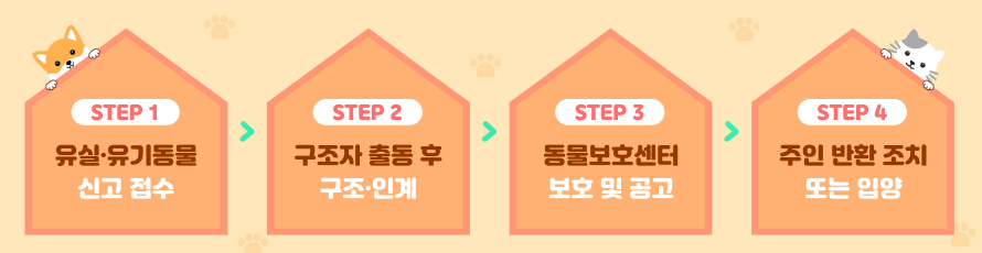 STEP1 유실·유기동물 신고 접수 STEP2 구조자 출동 후 구조·인계  STEP3 동물보호센터 보호 및 공고  STEP4 주인 반환 조치 또는 입양