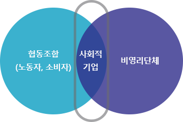 사회적기업은 협동조합(노동자, 소비자)와 비영리단체의 중간 입니다.